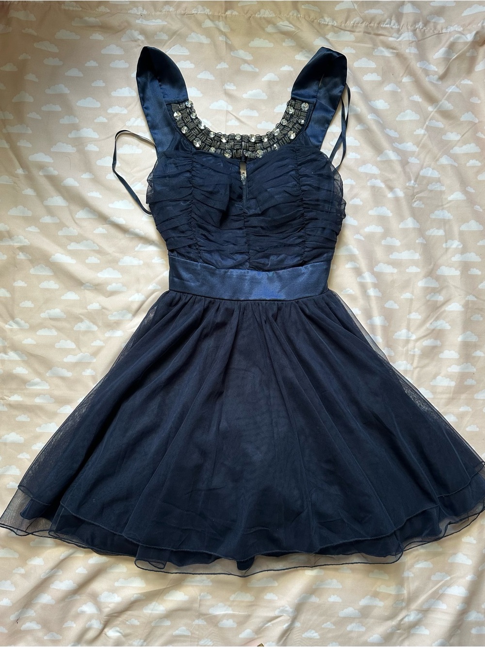 BONGO Navy Blue Beaded Neckline Fit-and-Flare Dress
